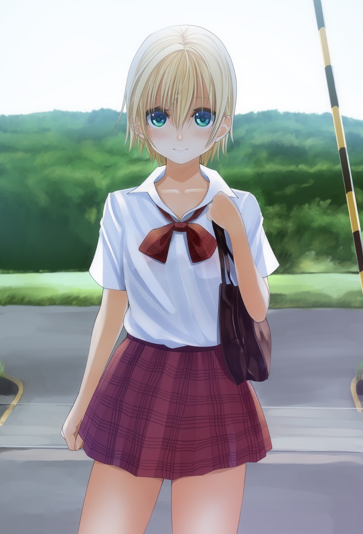 1girl, bag, blonde_hair, blue_eyes, ichigo_100_percent, kentaurosu, looking_at_viewer, nishino_tsukasa