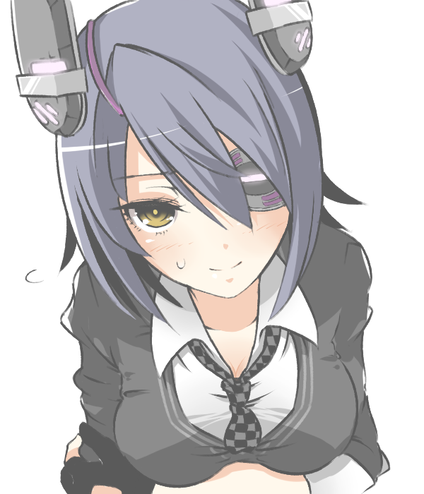 1girl, black_hair, breast_hold, bust, eyepatch, face, fingerless_gloves, gloves
