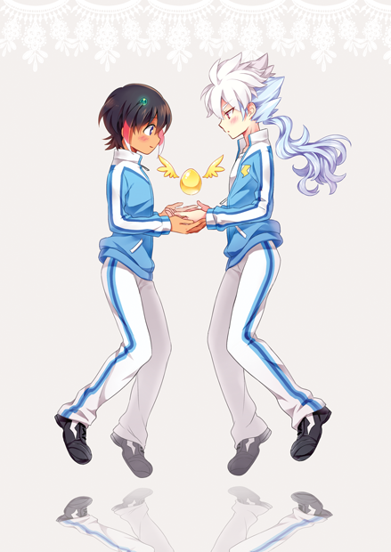 2boys, black_hair, blue_hair, blush, hair_ornament, hakuryuu_(inazuma_eleven), inazuma_eleven_(series), inazuma_eleven_go