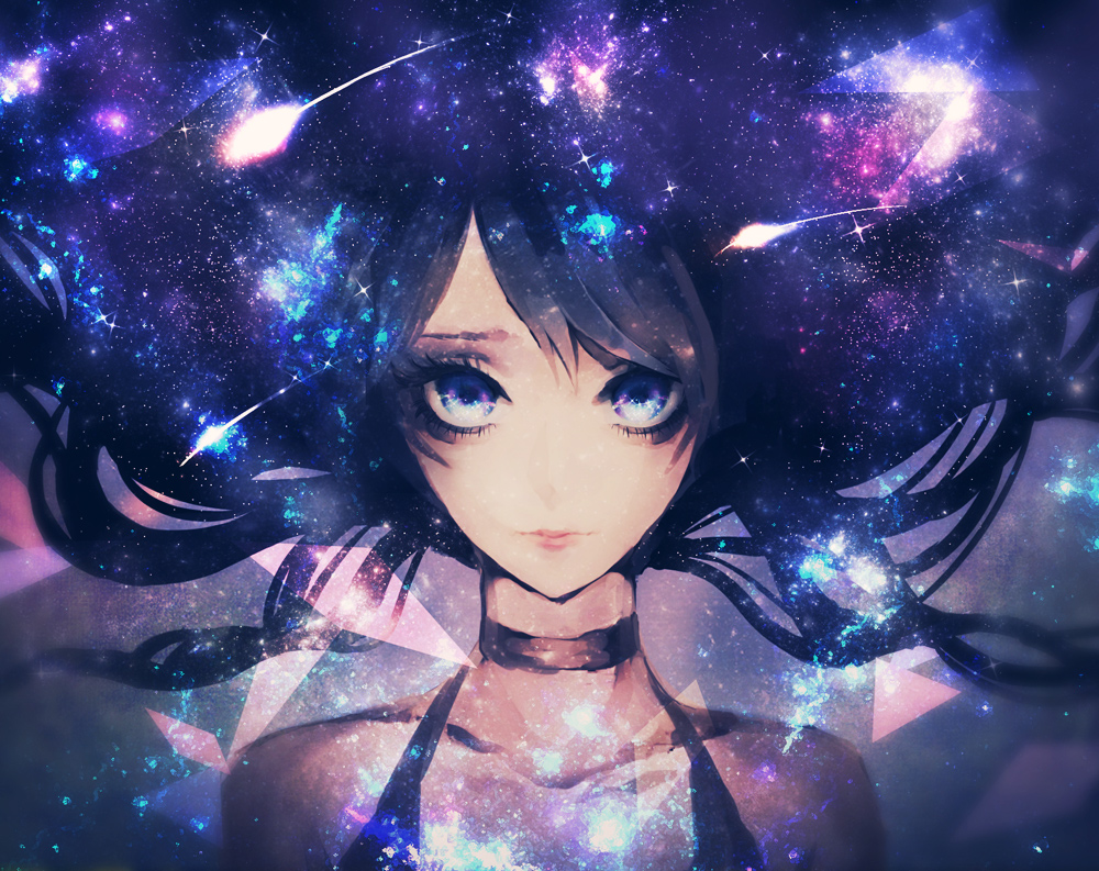 1girl, black_hair, blue_eyes, choker, error501, face, long_hair, original