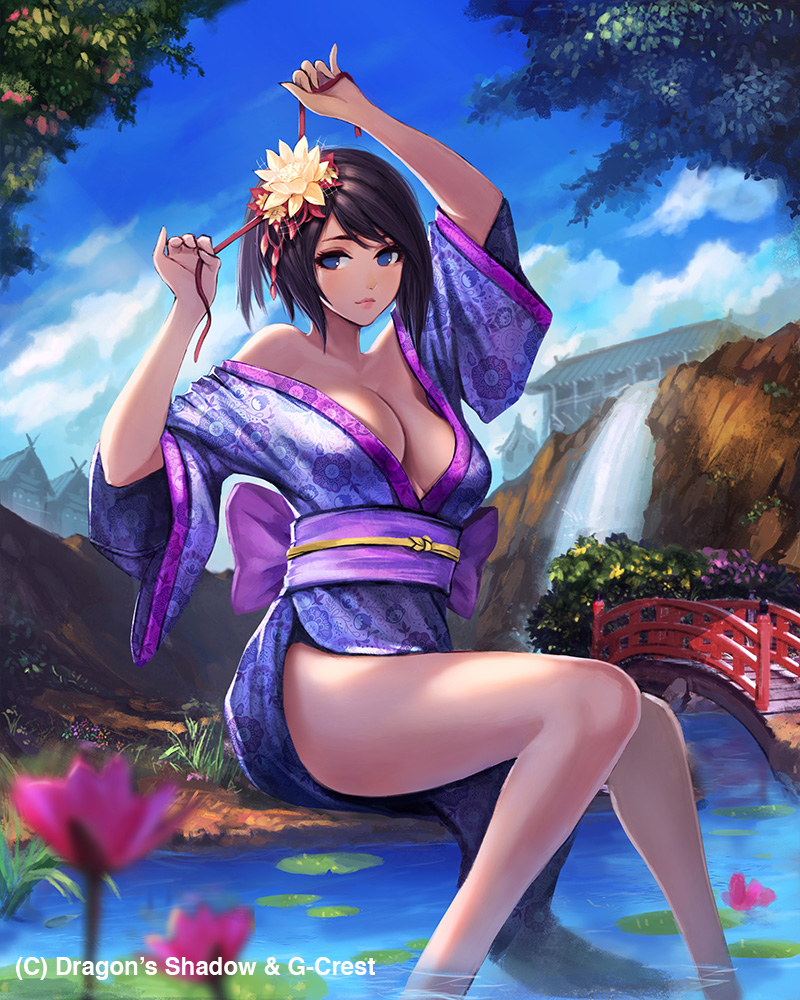 arms_up, blue_eyes, breasts, bridge, brown_hair, chaosringen, clouds, dragon's_shadow