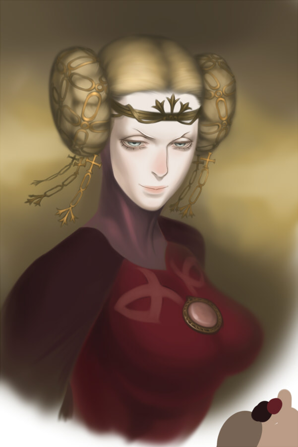 blonde_hair, blue_eyes, breasts, bun_cover, double_bun, hair_bun, jeanne_(bayonetta), large_breasts