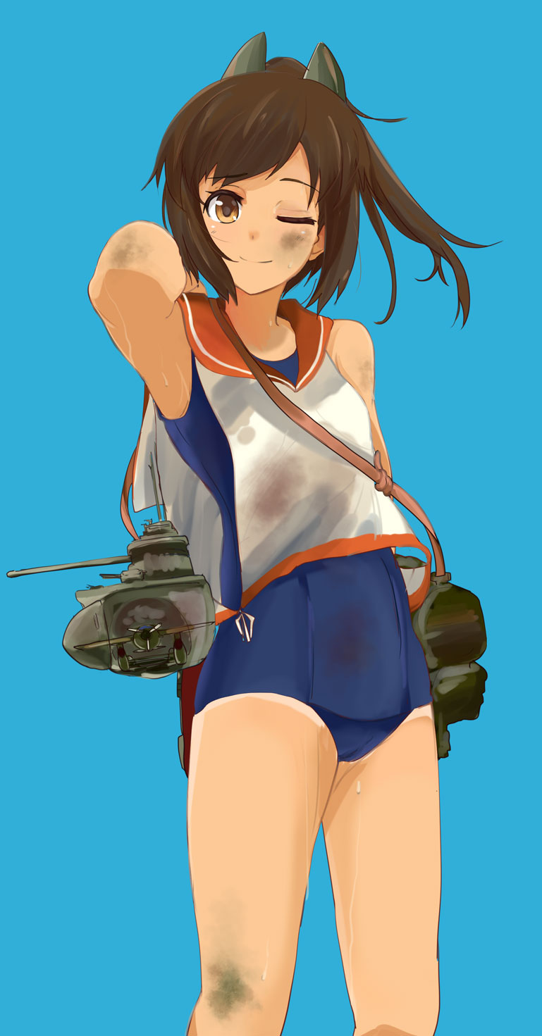 1girl, bare_shoulders, brown_eyes, brown_hair, highres, i-401_(kantai_collection), kaipankun, kantai_collection, looking_at_viewer, one-piece_swimsuit, personification, ponytail, school_swimsuit, school_uniform, short_hair, short_ponytail, simple_background, smile, solo, swimsuit, tan, wink