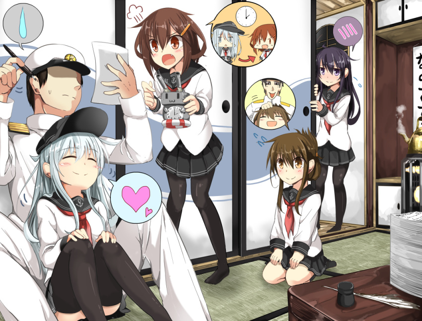 4girls, admiral_(kantai_collection), akatsuki_(kantai_collection), black_hair, brown_eyes, brown_hair, hair_ornament, hako_roku