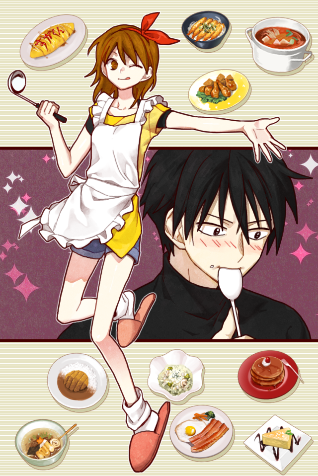 1boy, 1girl, ;p, apron, bacon, black_eyes, black_hair, blush