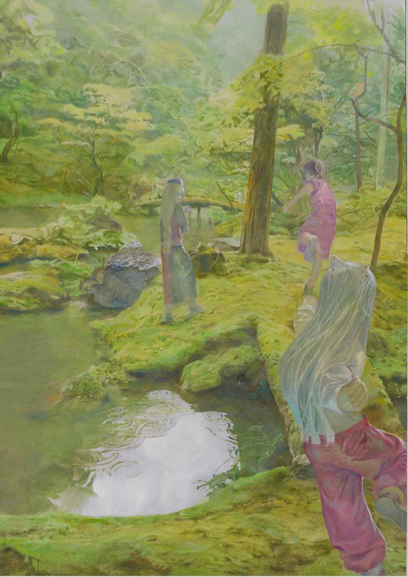 3girls, acrylic_paint_(medium), animal_ears, black_hair, bow, bridge, clenched_hands, dress, forest, from_behind, fujiwara_no_mokou, hair_bow, hat, inaba_tewi, long_hair, long_sleeves, looking_back, looking_over_shoulder, multiple_girls, nature, nurse_cap, outdoors, outstretched_arms, pants, pink_dress, rabbit_ears, rock, running_away, sakusya_sk, short_hair, skirt, skirt_set, touhou, traditional_media, water, white_hair, yagokoro_eirin