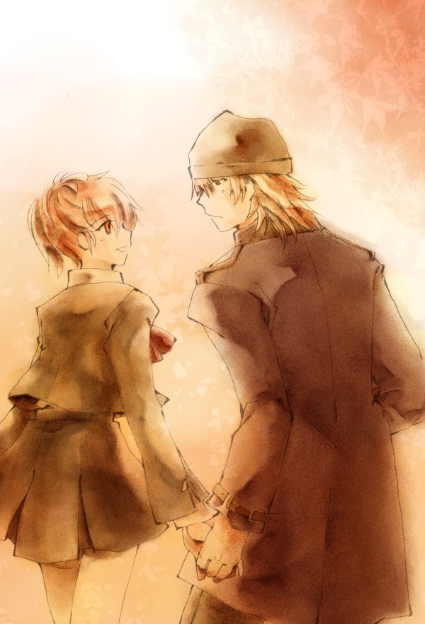 1girl, aragaki_shinjirou, beanie, blush, bow, couple, female_protagonist_(persona_3), hand_holding