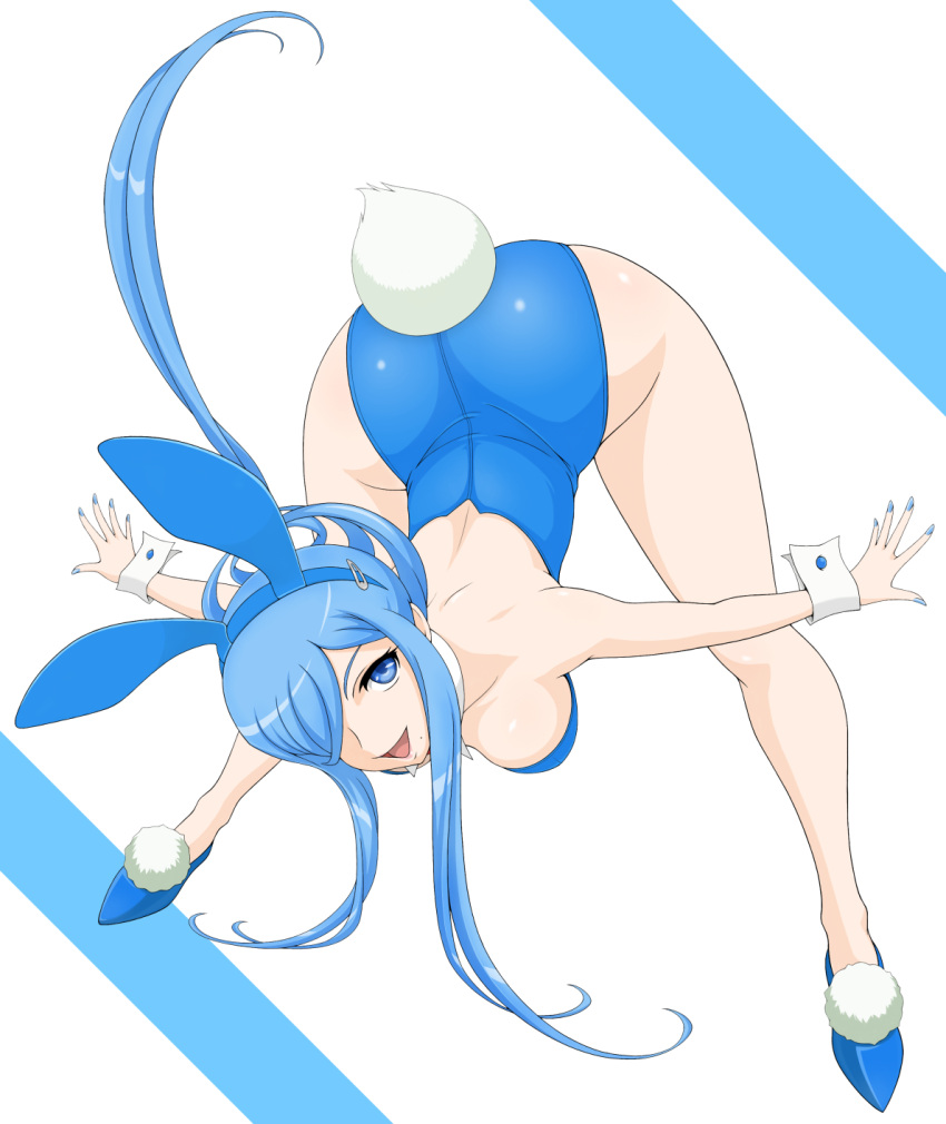 1girl, animal_ears, aoki_hagane_no_arpeggio, blue_eyes, blue_hair, bunny_tail, bunnysuit, detached_collar, hair_over_one_eye, highres, long_hair, meea, personification, ponytail, rabbit_ears, tail, takao_(aoki_hagane_no_arpeggio), wrist_cuffs