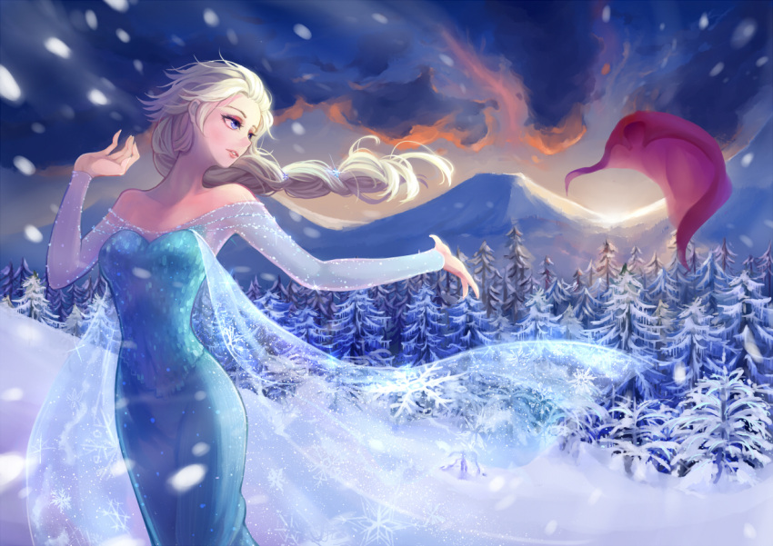 1girl, bare_shoulders, blue_dress, blue_eyes, braid, cape, clouds, dress