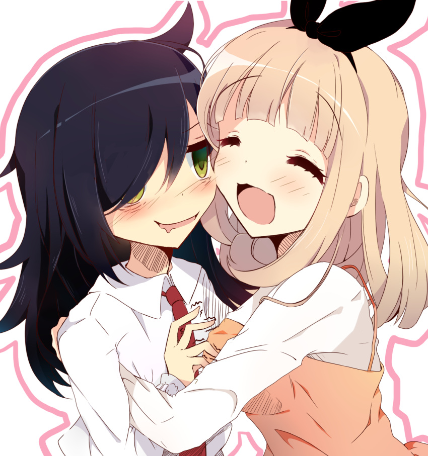 2girls, black_hair, blonde_hair, blush, drooling, fuuri_(von@), green_eyes, highres