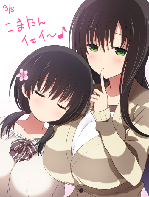 2girls, black_hair, blush, bow, breasts, casual, collarbone, dated