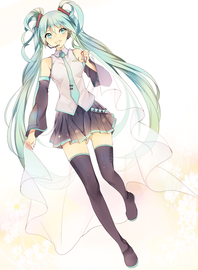 1girl, aqua_eyes, aqua_hair, boots, detached_sleeves, hatsune_miku, headset, long_hair