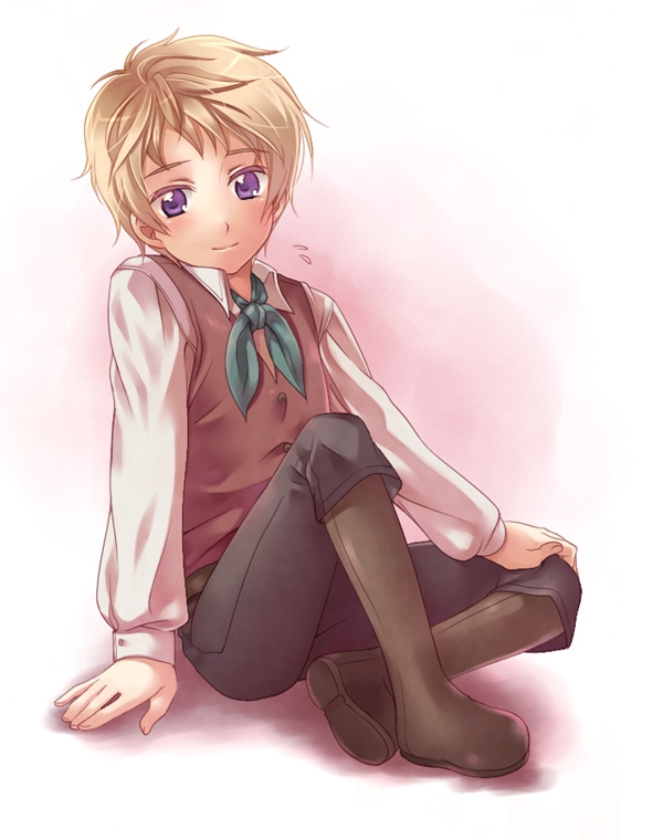 1boy, ascot, axis_powers_hetalia, blonde_hair, blush, boots, latvia_(hetalia), male