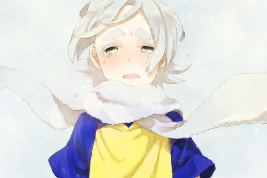 1boy, bust, crying, fubuki_shirou, iko_(i-my-16), inazuma_eleven, inazuma_eleven_(series), looking_at_viewer, raimon, scarf, soccer_uniform, solo, t-shirt, tears, white_hair
