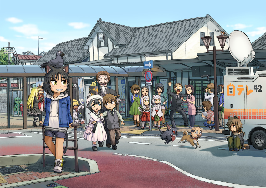 6+boys, 6+girls, akaname_(neko_musume_michikusa_nikki), animal_ears, arm_holding, bird, black_hair, blonde_hair