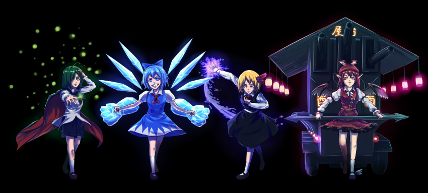 4girls, black_background, blonde_hair, blouse, blue_eyes, blue_hair, cape, cart