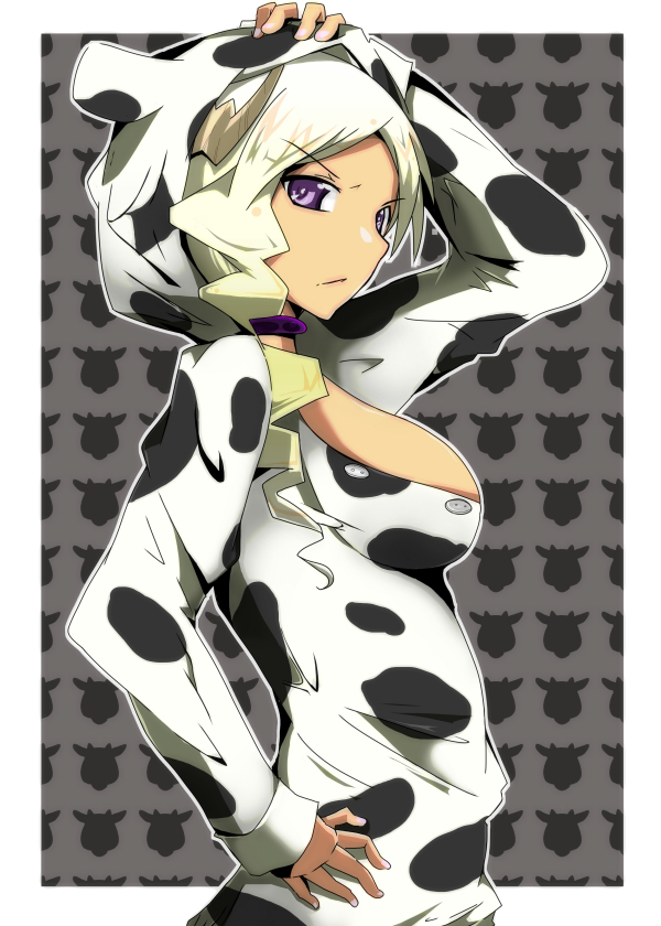 1girl, animal_costume, blonde_hair, breasts, cow_costume, cow_print, dark_skin, hair_ornament, hand_on_head, hand_on_hip, kami_nomi_zo_shiru_sekai, nora_floriann_leoria, red_eyes, solo, trefle_r, violet_eyes