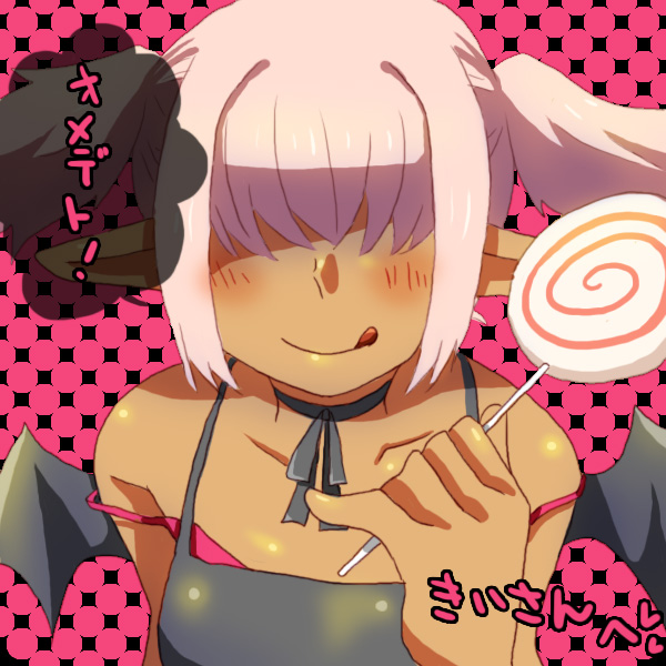 1girl, :p, bat_wings, candy, dark_skin, demon_girl, hair_over_eyes, lollipop