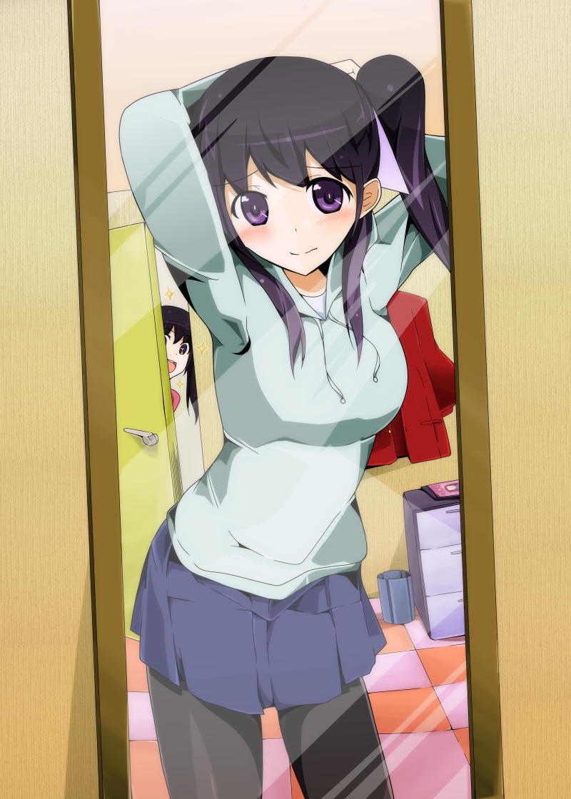 2girls, arms_behind_head, arms_up, black_legwear, blush, hoodie, kami_nomi_zo_shiru_sekai, long_hair