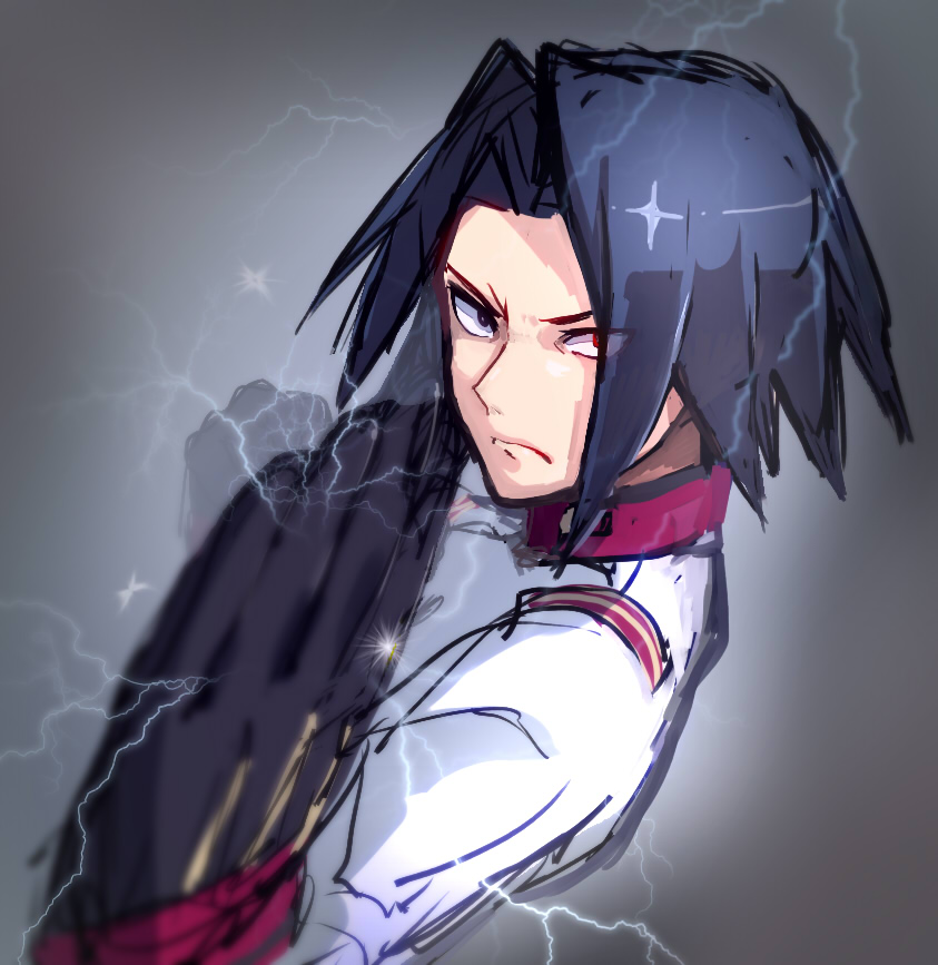 1boy, akatsuki_(akatsuki_blitzkampf), akatsuki_blitzkampf, black_gloves, black_hair, electricity, gloves, military