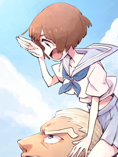 1boy, 1girl, blonde_hair, blue_sky, brown_hair, dai_(mebae16), gamagoori_ira, kill_la_kill