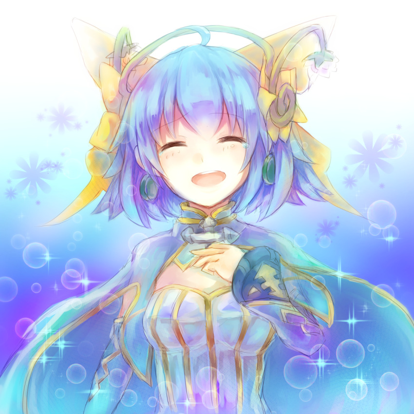 1girl, blue_hair, bow, bust, cape, closed_eyes, dress, earrings