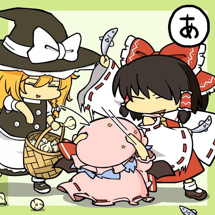 3girls, apron, basket, bat_wings, black_hair, blonde_hair, blue_hair, border