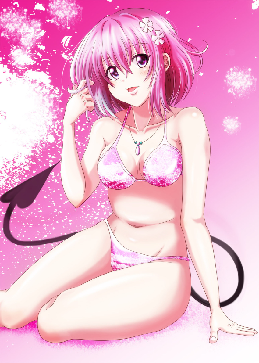 1girl, bikini, demon_tail, harukaze_bou, highres, momo_velia_deviluke, pink_hair, short_hair, swimsuit, tail, to_love-ru, to_love-ru_darkness, violet_eyes