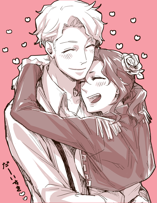 1boy, 1girl, baccano!, blush, closed_eyes, couple, epaulettes, flower
