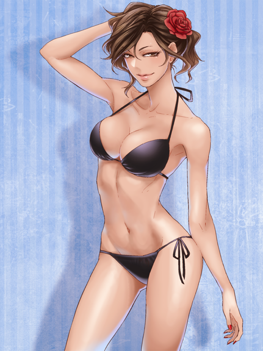 1girl, baccano!, bikini, breasts, brown_eyes, brown_hair, cleavage, dark_skin