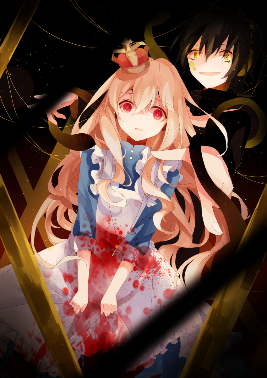 1boy, 1girl, absurdres, black_hair, blonde_hair, blood, crown, dark_konoha