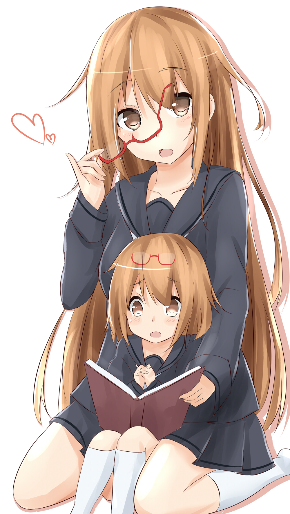 2girls, blush, book, brown_eyes, brown_hair, glasses, glasses_on_head, glasses_removed