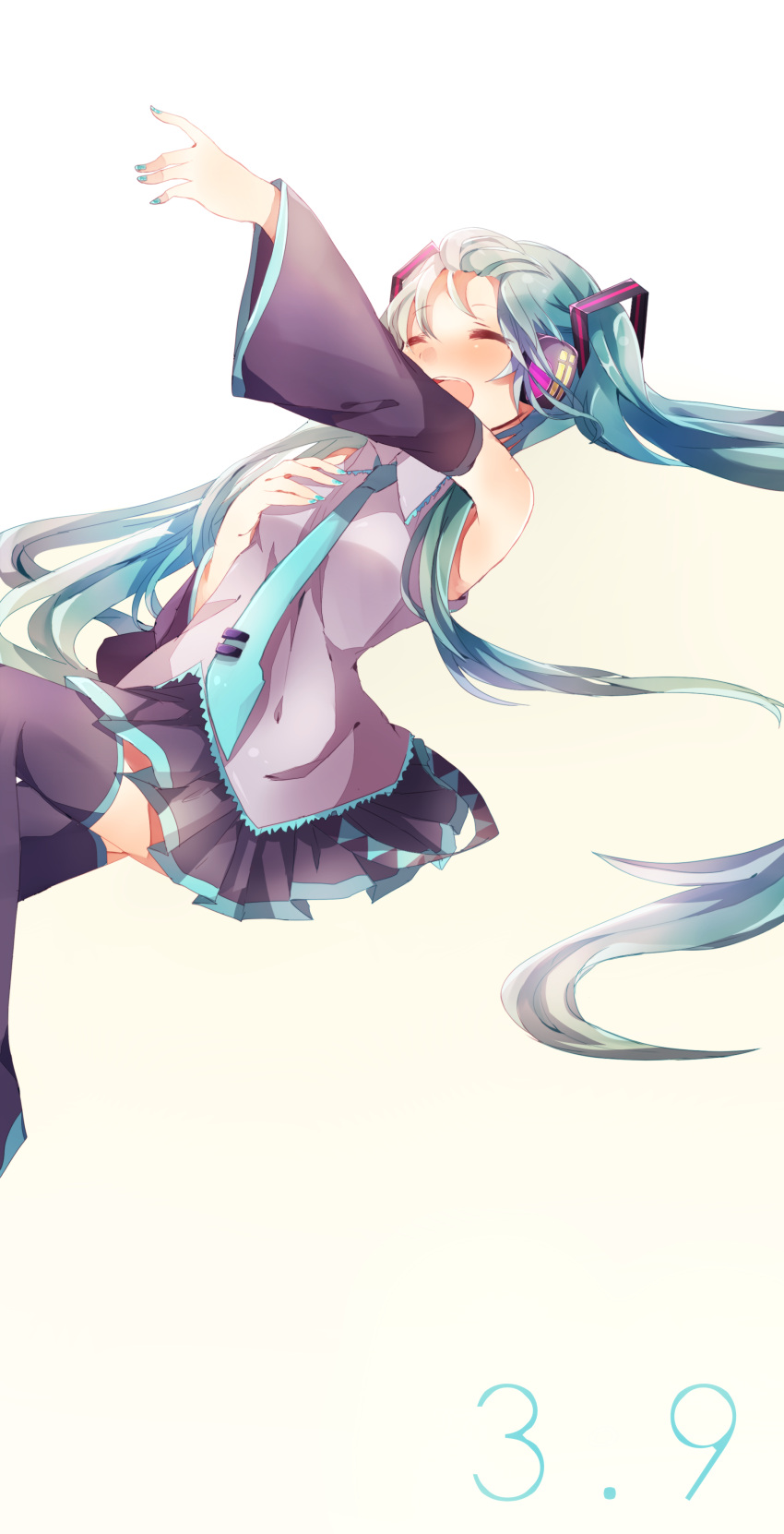 1girl, 39, absurdres, aqua_eyes, aqua_hair, hatsune_miku, highres, long_hair, necktie, smile, solo, thighhighs, twintails, vocaloid, yuuuuri