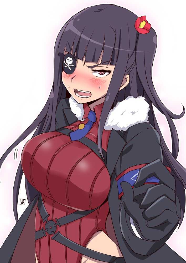 1girl, aoi_manabu, black_gloves, black_hair, blush, breasts, eyepatch, fur_trim