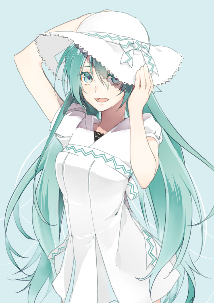 1girl, aqua_eyes, aqua_hair, dress, hat, hatsune_miku, komenama, long_hair