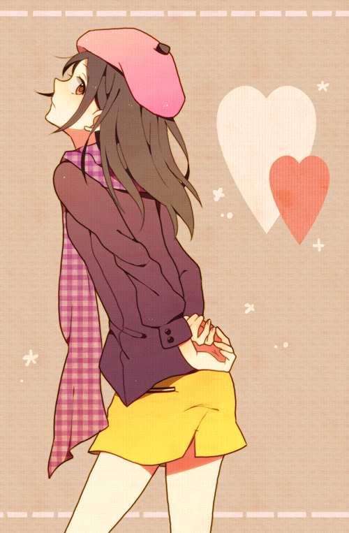 1girl, black_hair, brown_eyes, hat, heart, jacket, long_hair, looking_back