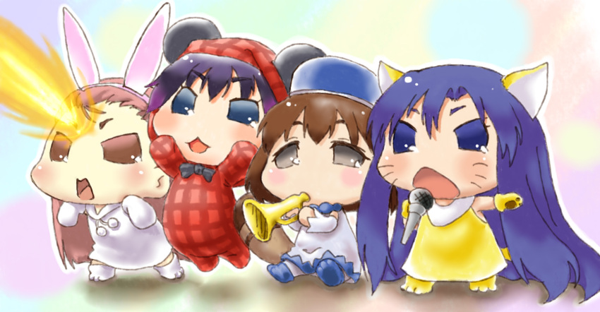 :3, animal_ears, beam, black_eyes, black_hair, blue_eyes, blue_hair, brown_eyes, brown_hair, cat_ears, chibi, chihyaa, domo_5963, gloves, grey_eyes, highres, idolmaster, instrument, io_(puchimasu!), jumping, makochii, microphone, mouse_ears, paw_gloves, puchimasu!, rabbit_ears, ribbon, singing, trumpet, yukipo