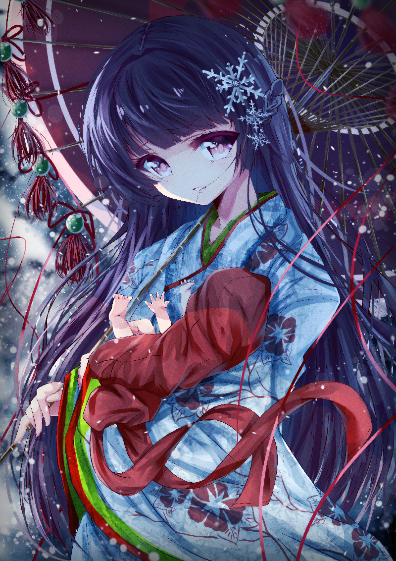 1girl, baby, black_hair, child, daikazoku63, japanese_clothes, kimono, long_hair, monster_girl, open_mouth, original, parent, pregnant, snow, solo, toddler, very_long_hair, youkai, younger, yuki_onna