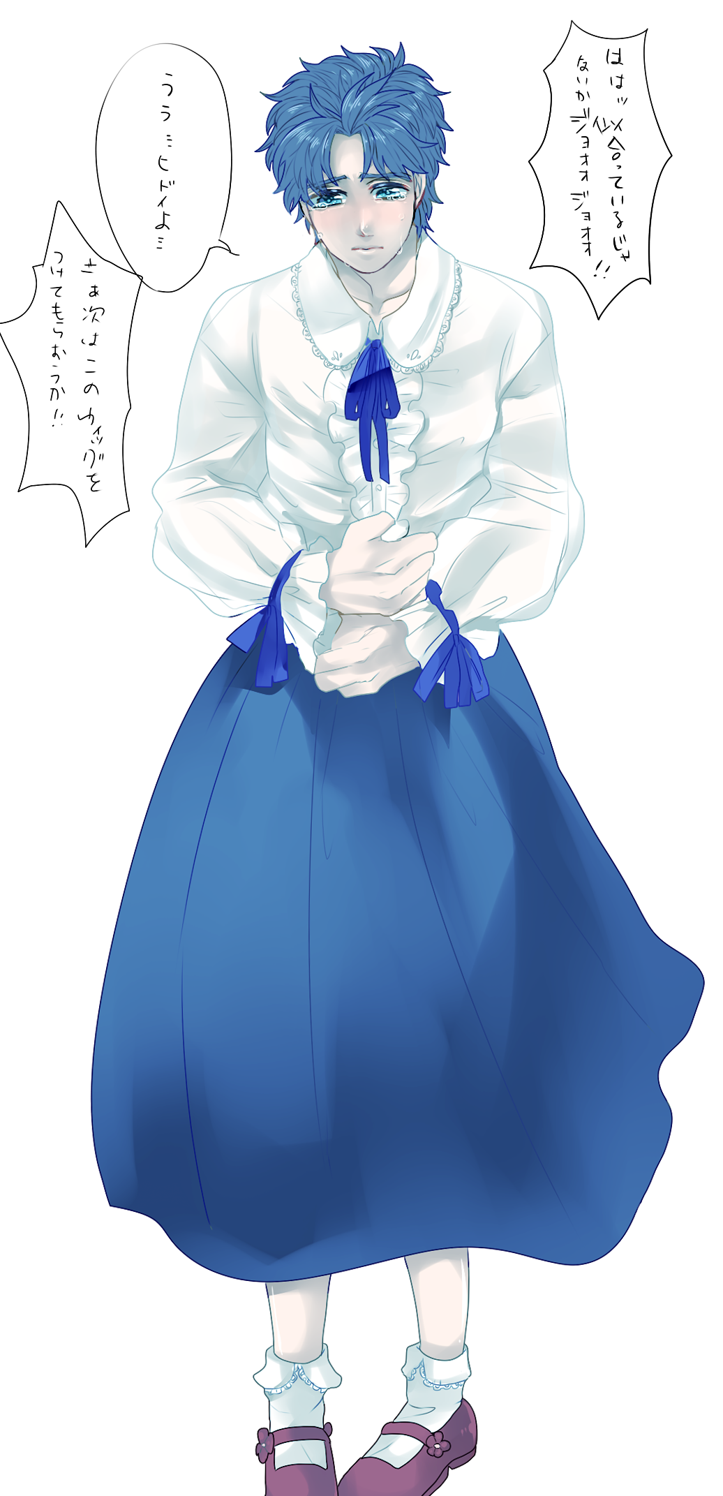 1boy, blue_eyes, blue_hair, cosplay, crossdressinging, dress, erina_pendleton, erina_pendleton_(cosplay), highres, jojo_no_kimyou_na_bouken, jonathan_joestar, kyykttk, short_hair, solo, translation_request