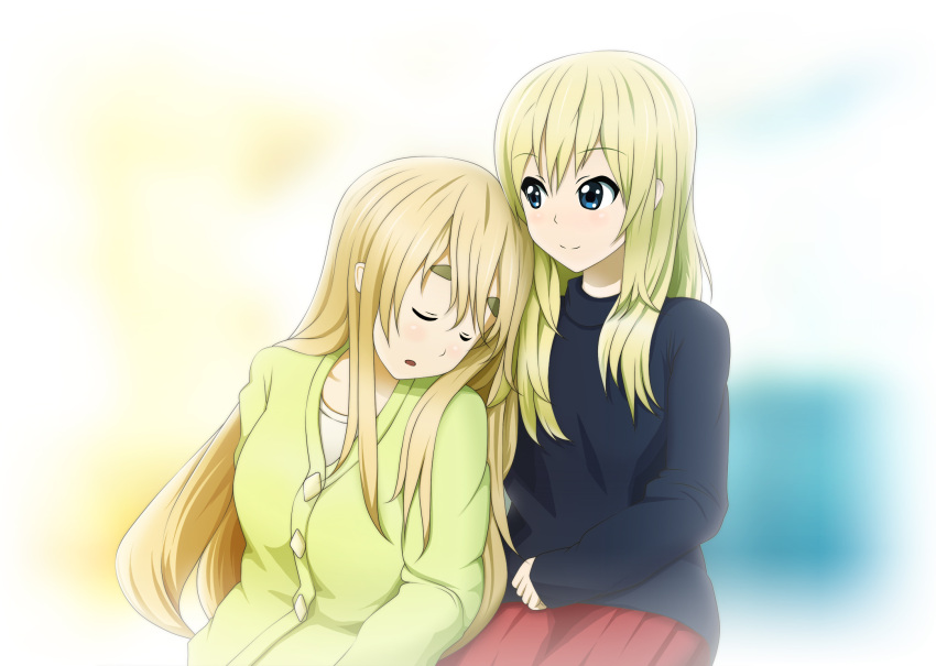 2girls, blonde_hair, blue_eyes, cardigan, highres, k-on!, kotobuki_tsumugi, long_hair