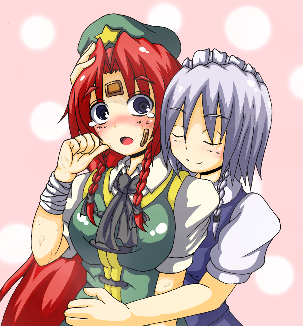 2girls, :o, arms_at_sides, ascot, bandages, bandaid, blue_dress, blue_eyes