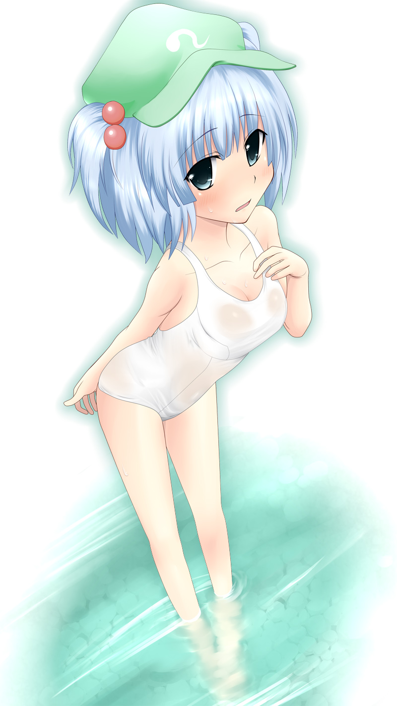 bare_shoulders, blue_eyes, blue_hair, blush, breasts, cleavage, endou_iketani, hair_bobbles, hair_ornament, hat, highres, kawashiro_nitori, one-piece_swimsuit, school_swimsuit, see-through, solo, swimsuit, touhou, twintails, water, white_school_swimsuit