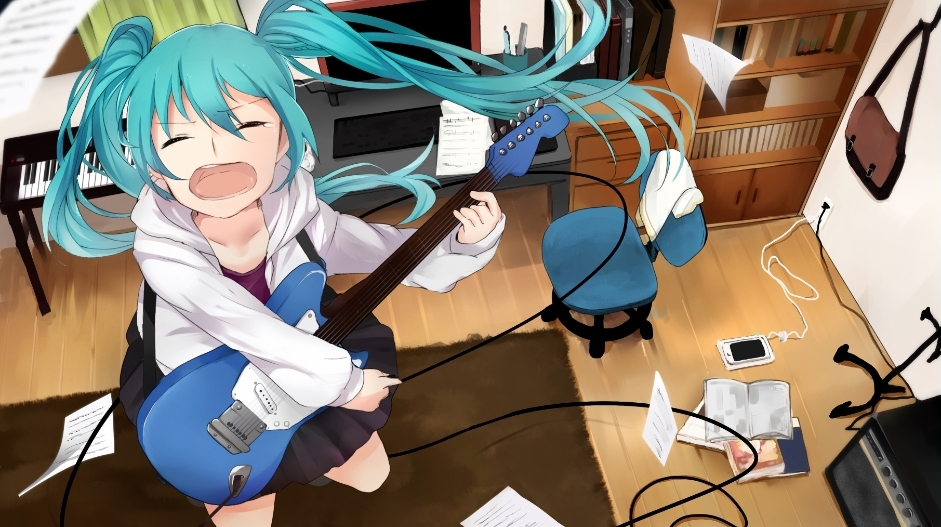 1girl, amplifier, aqua_hair, chair, closed_eyes, electric_guitar, guitar, hatsune_miku
