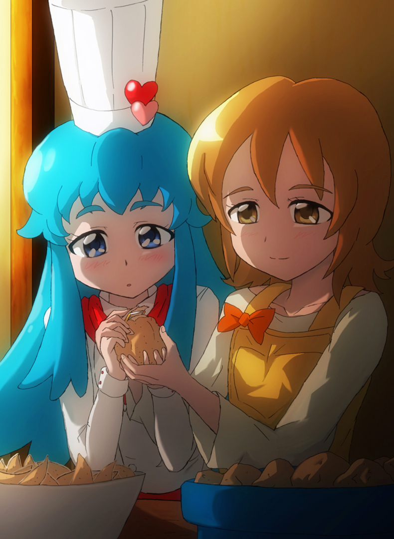 2girls, blue_eyes, blue_hair, blush, brown_eyes, brown_hair, cook, futa-futa