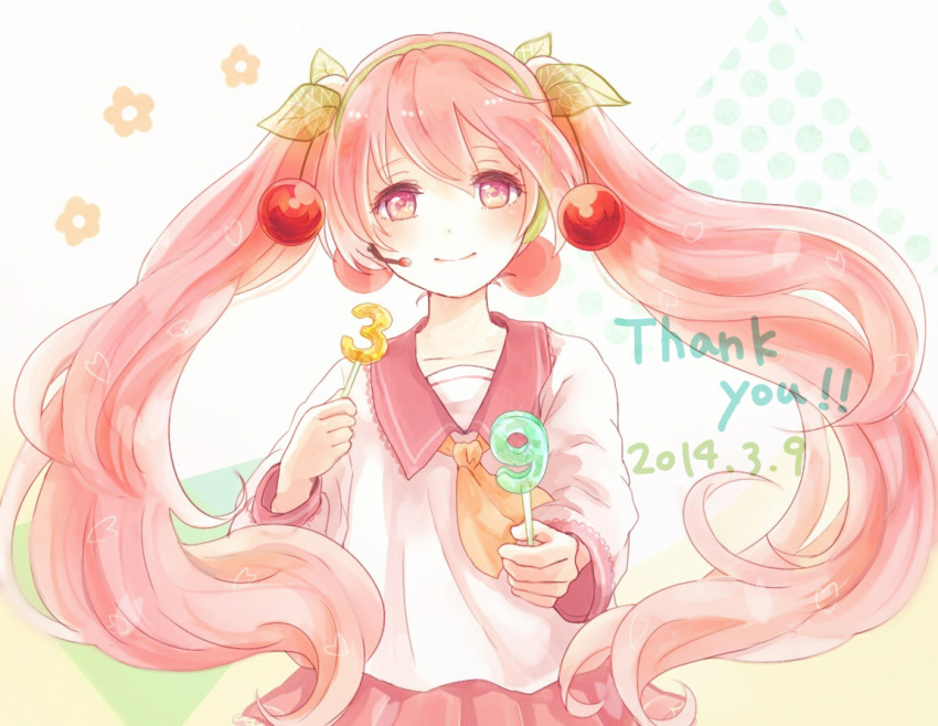 1girl, 39, 2014, as8521, cherry, dated, food, fruit, hatsune_miku, headset, long_hair, pink_eyes, pink_hair, sakura_miku, smile, solo, twintails, very_long_hair, vocaloid