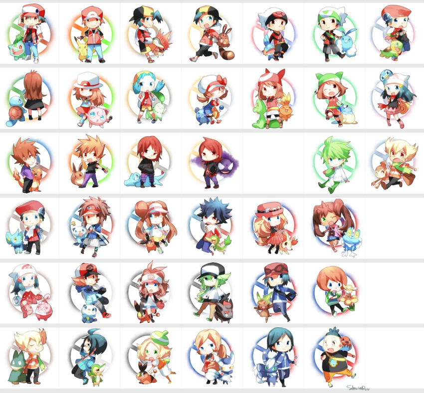 6+girls, bel_(pokemon), blue_(pokemon), blue_(pokemon)_(classic), bulbasaur, calme_(pokemon), charmander, cheren_(pokemon), chespin, chibi, chikorita, chimchar, crystal_(pokemon), cyndaquil, eevee, fennekin, flabebe, fletchling, froakie, gastly, gold_(pokemon), gold_(pokemon)_(classic), happiny, haruka_(pokemon), hikari_(pokemon), hue_(pokemon), jun_(pokemon), kotone_(pokemon), kouki_(pokemon), kyouhei_(pokemon), marill, mei_(pokemon), meowstic, mitsuru_(pokemon), multiple_girls, munchlax, n_(pokemon), naru_(andante), ookido_green, ookido_green_(classic), ookido_green_(frlg), oshawott, pikachu, piplup, pokemon, pokemon_(creature), pokemon_(game), pokemon_bw, pokemon_bw2, pokemon_dppt, pokemon_frlg, pokemon_gsc, pokemon_hgss, pokemon_rgby, pokemon_rse, pokemon_xy, ralts, red_(pokemon), red_(pokemon)_(classic), red_(pokemon)_(remake), sana_(pokemon), sentret, serena_(pokemon), shinx, silver_(pokemon), silver_(pokemon)_(hgss), snivy, spheal, squirtle, tepig, tierno_(pokemon), toroba_(pokemon), totodile, touko_(pokemon), touya_(pokemon), turtwig, yuuki_(pokemon), yuuki_(pokemon_emerald), zorua