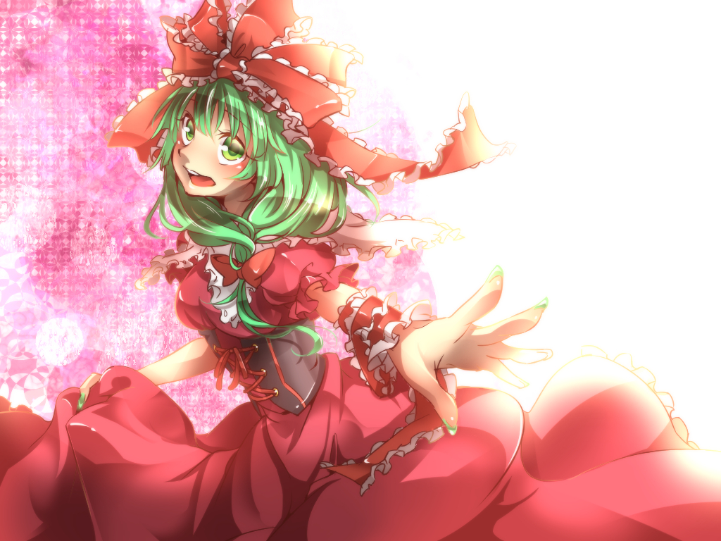 1girl, bow, corset, dress, frilled_dress, frills, green_eyes, green_hair