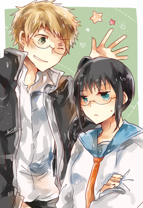 1boy, 1girl, black_hair, blonde_hair, blue_eyes, glasses, green_eyes, maiko_shuu