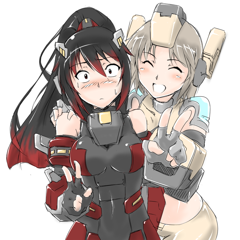 2girls, armor, black_hair, blush, breasts, brown_hair, cosmic_break, embarrassed