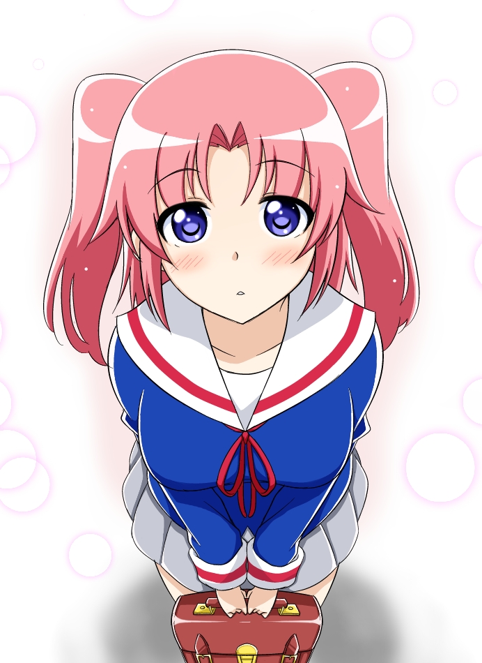 1girl, blush, breasts, briefcase, from_above, mikakunin_de_shinkoukei, nokokopopo, pink_hair